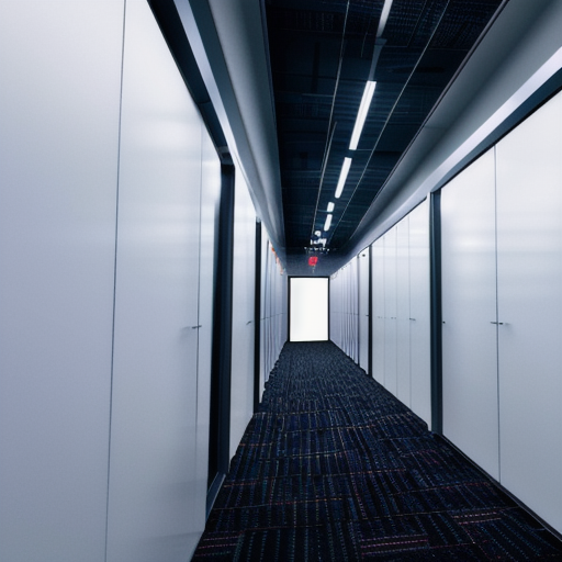 Data center corridor with secure infrastructure lights, no people